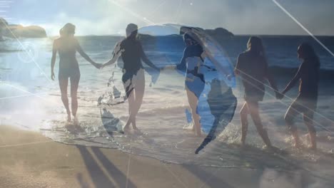 animation of globe rotating with connected dots over female friends holding hands and walking in sea