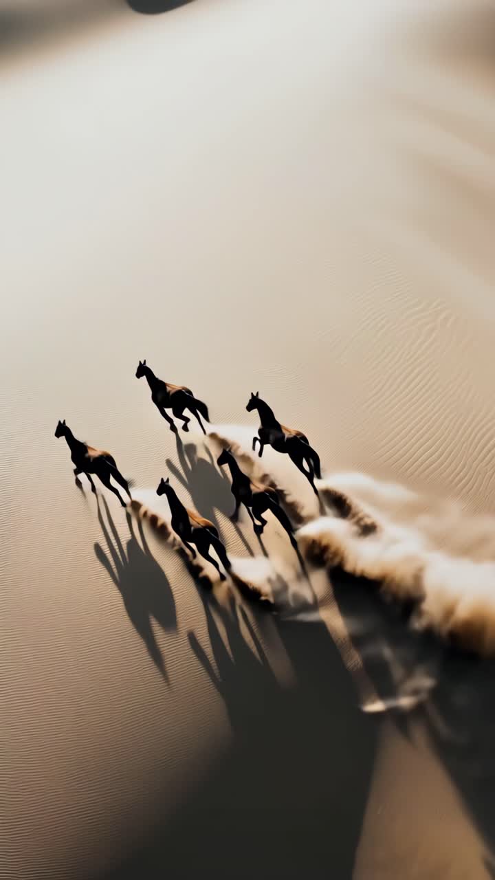 Aerial view of horses galloping across sand dunes, casting long shadows