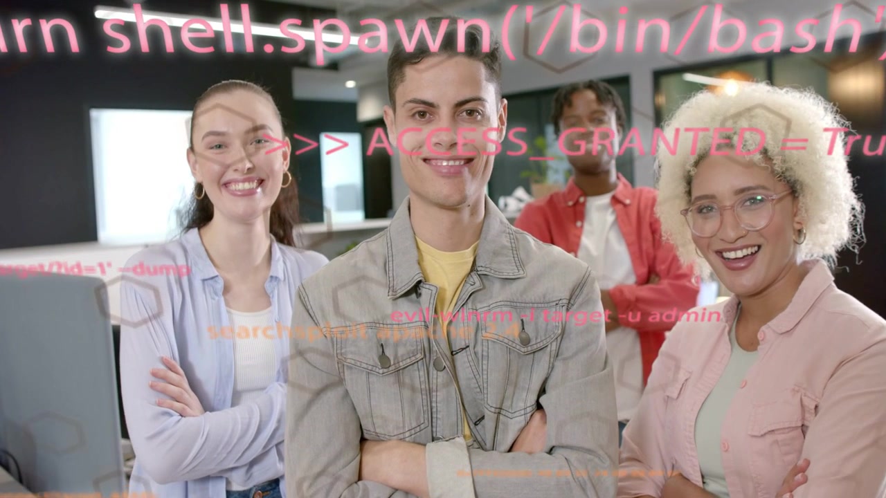 Team lead and colleagues smiling in tech office, pink code scrolling revealing monitor for demo