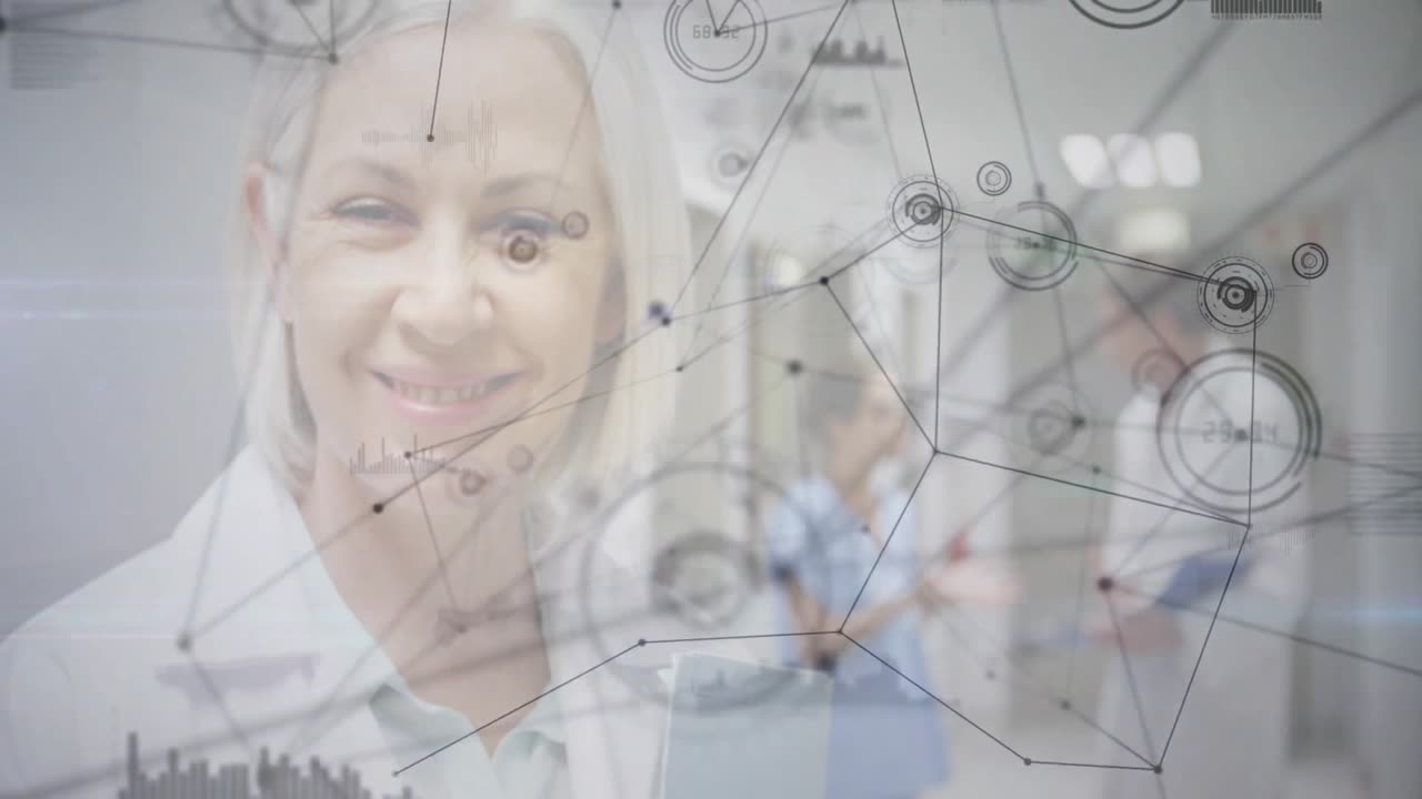Nurse handing chart to doctor sparking medical data overlay while doctor reviewing and smiling