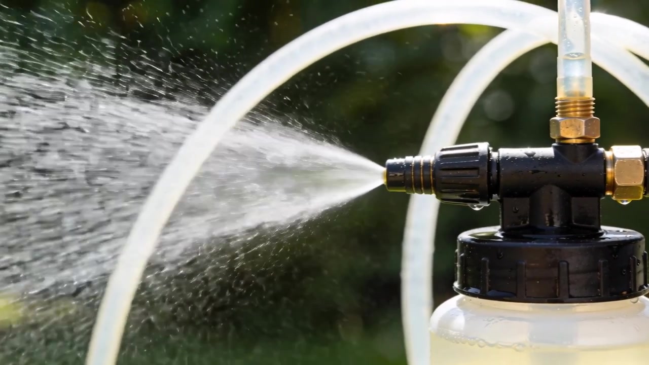Unità ugello a pressione che emette uno spruzzo a ventaglio in giardino per piante con tubi e bottiglia, spazio per il testo.