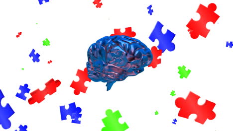 animación de rompecabezas y cerebro flotando sobre fondo blanco