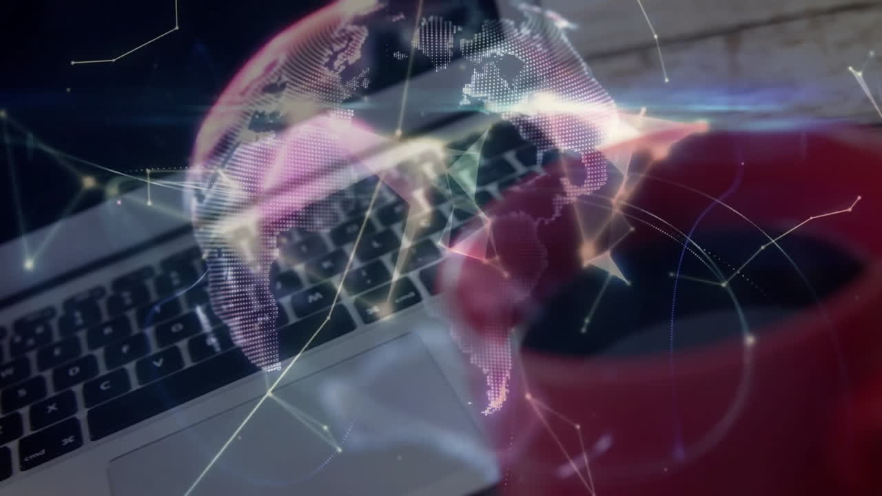 Holographic globe floating above laptop keyboard, emitting glowing network lines in 3D render