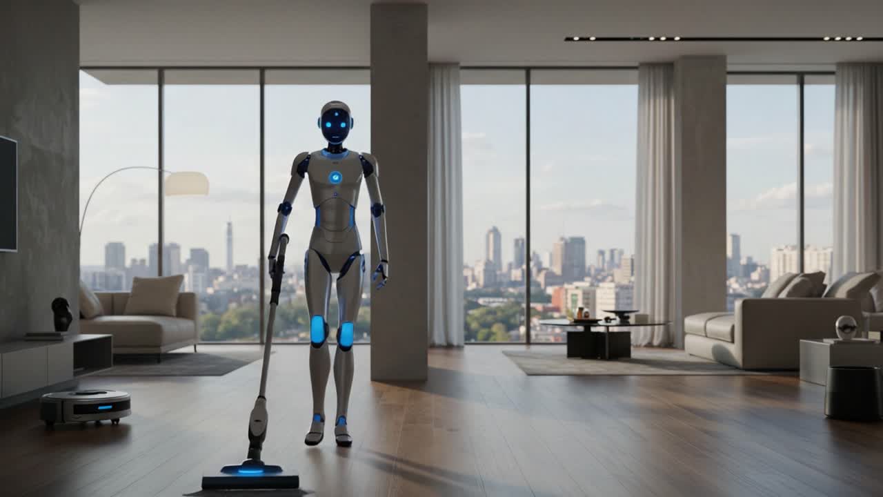 Advanced Cleaning Robot: A Futuristic Solution to Household Chores, Showcasing Innovative Design and Efficiency in a Modern Living Environment