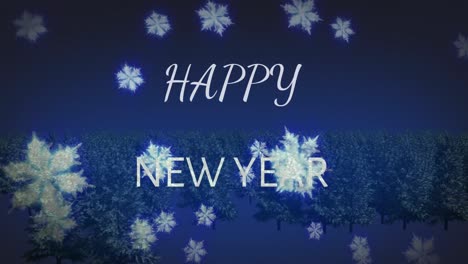 animation of happy new year text with snow falling over winter landscape