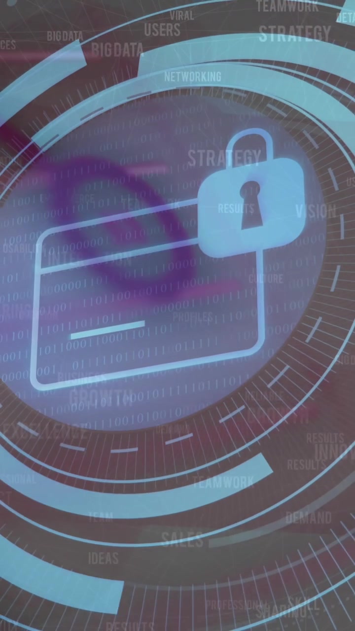 Animation of security padlock icon over round scanner against statistical data processing