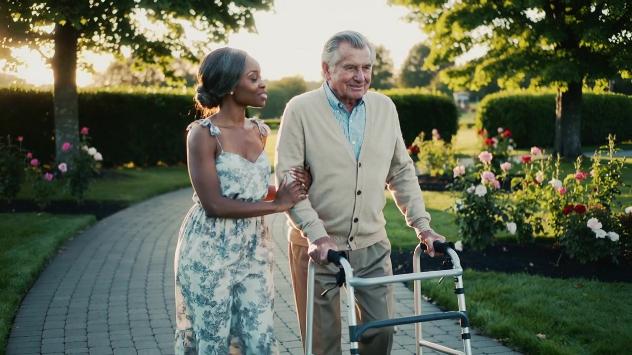 En gående kvinne i blomstret kjole kommer inn fra venstre og støtter en mann som skyver en rullator langs en sti.