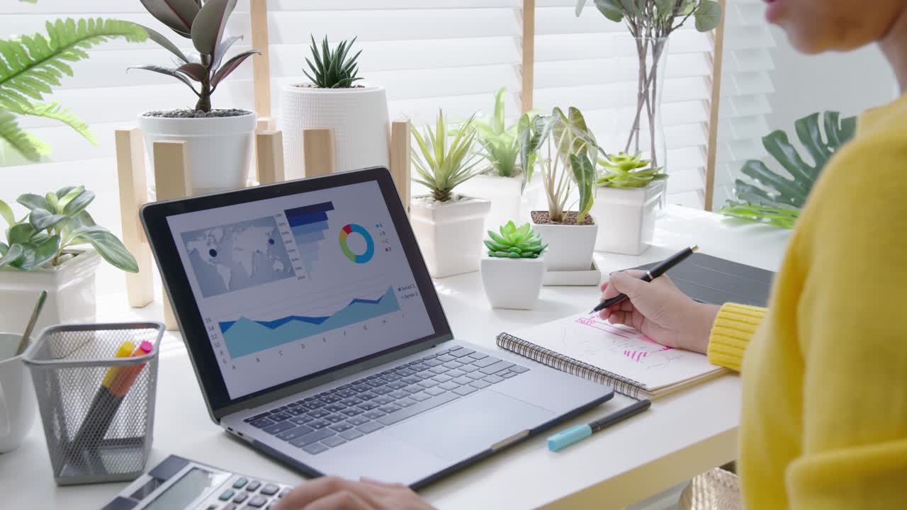 vista de atrás de la mujer de negocios trabajar con informe de venta en casa. asiático joven propietario de sme empresario usando portátil y tableta análisis en línea. trabajando remotamente oficina de hogar verde y aislamiento social.