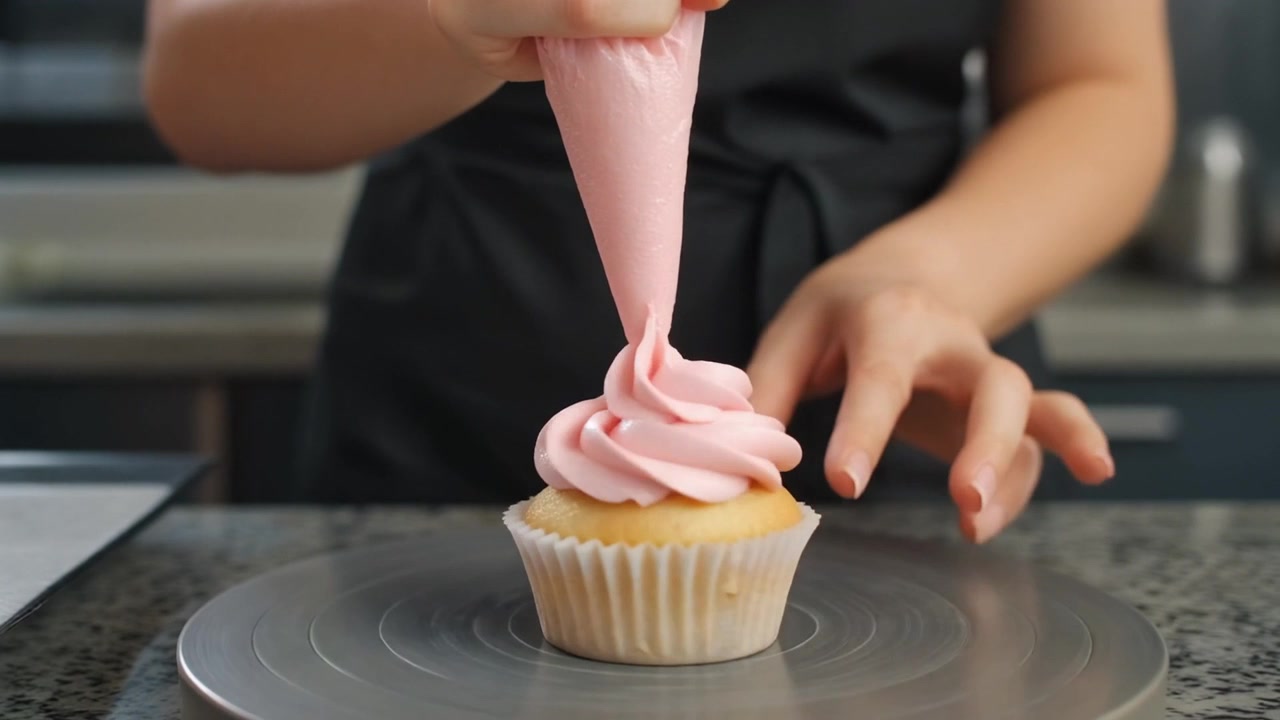 Confeiteiro Decorando um Cupcake com Glacê Rosa