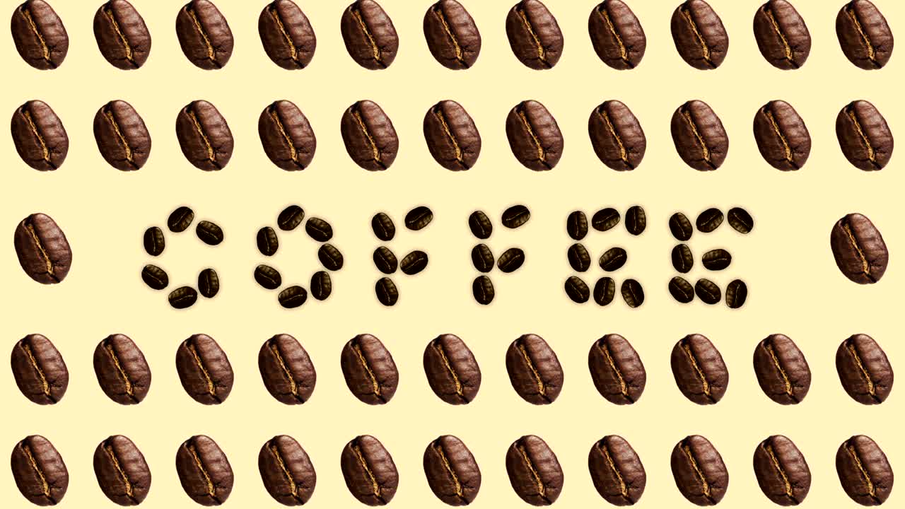 patrón animado con granos de café que forman la palabra café, ideal para representar temas para el desayuno y la alimentación saludable