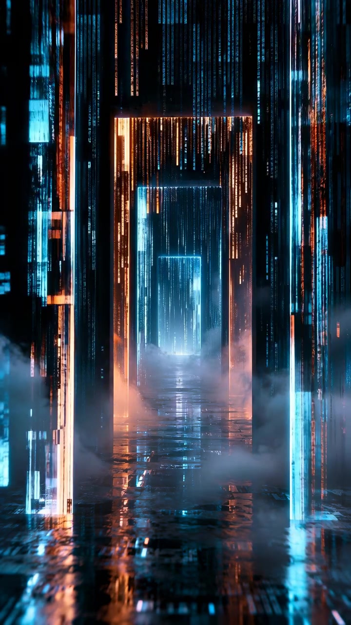Glowing rectangular frames recede toward a bright vanishing point while fine vertical streaks flicker overhead and low haze moves through reflections across the polished dark floor.