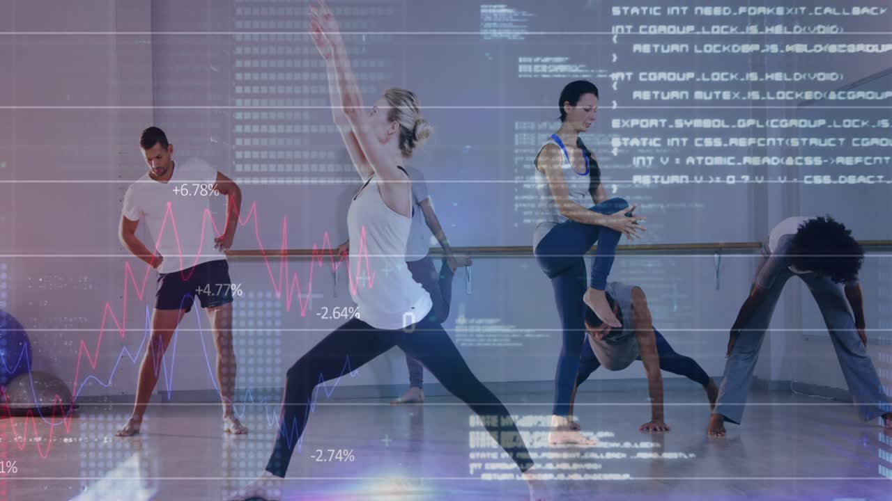 Blonde woman stepping into lunge, raising arms overhead in fitness class, HUD graphics showing data