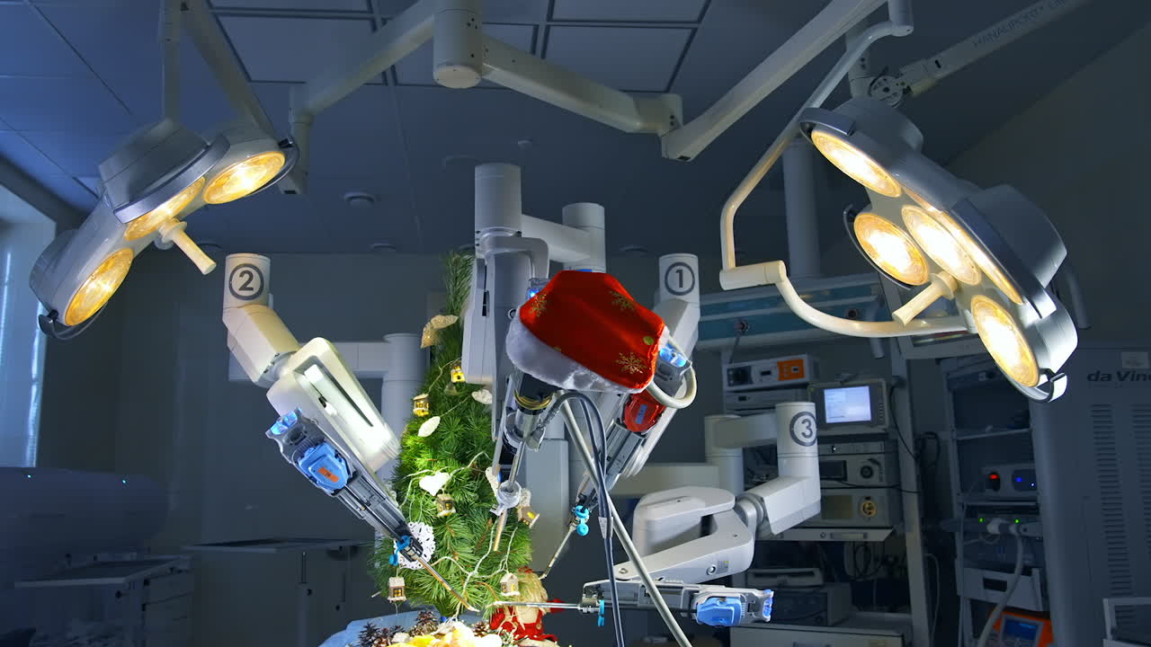 Lighted surgery room containing futuristic innovative surgical equipment. Robotic arms decorated by Santa's cap peel off tangerines. Christmas tree and decorations at the operation table.