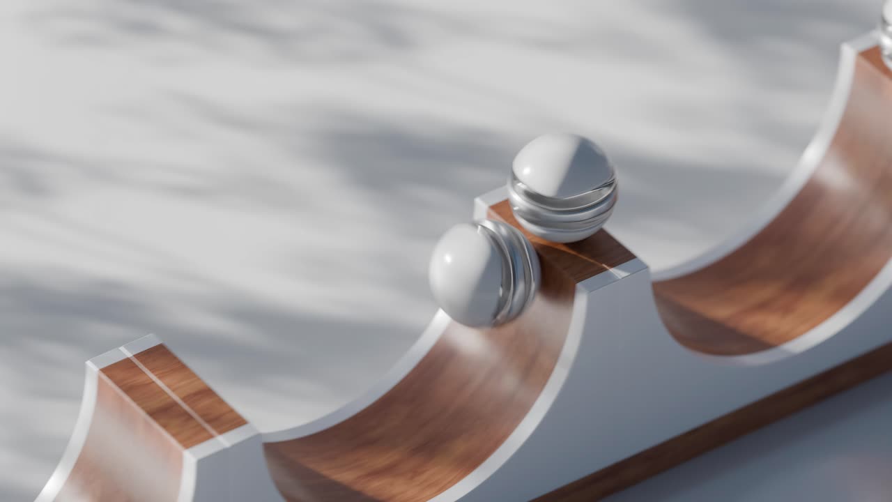 색 공과 나무로 된 추상적인 기하학적 구성