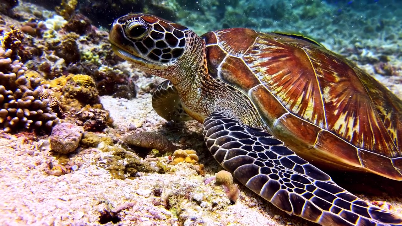 Close-up of a large sea turtle feeding on the seabed near a tropical coral reef.