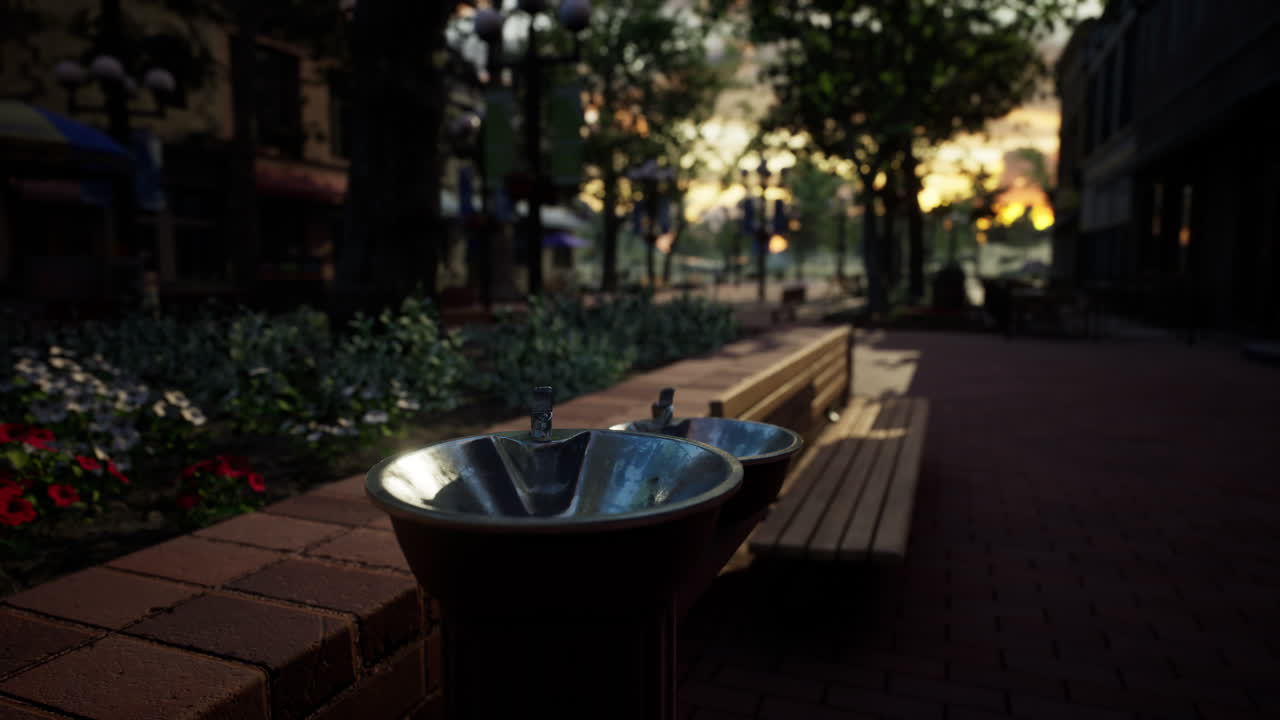 un primo piano di una fontana d'acqua potabile in un parco al tramonto