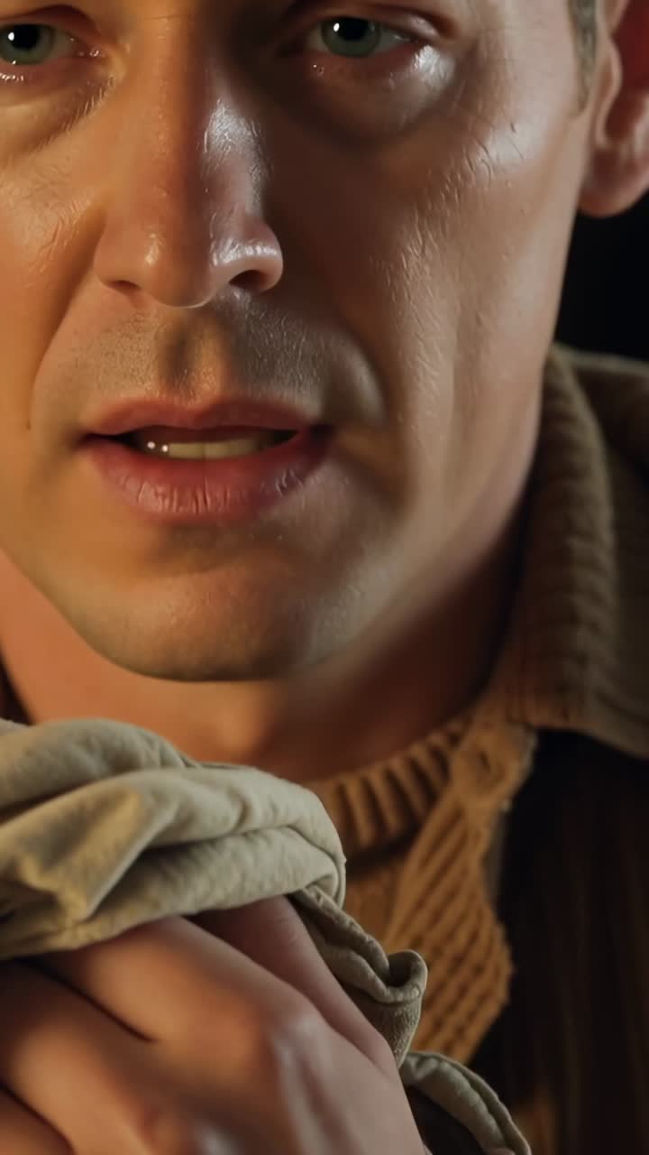 Vertical video: Pressing man clutching folded cloth to face in sweater, seeking comfort in studio