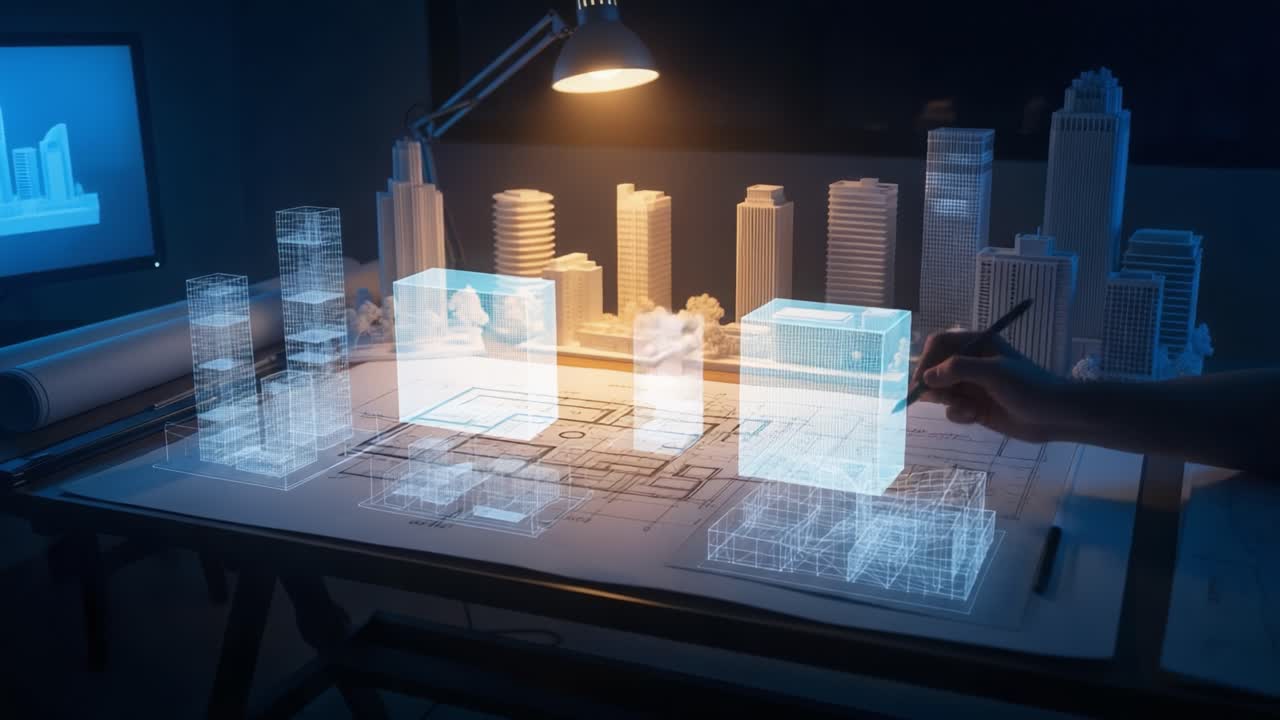 A Dynamic Architectural Design Scene Featuring a Modern Workspace with Innovative Blueprints and 3D Building Models as the Architect Interacts with Digital Visualizations