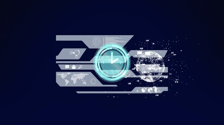 Animation of digital interface with clock over dark background