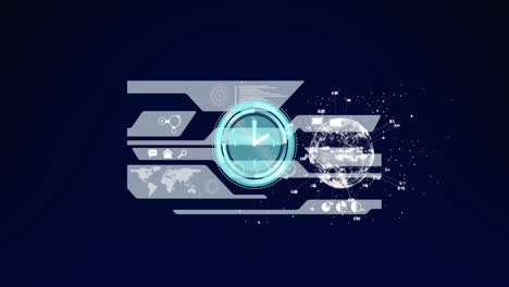 Animation of digital interface with clock over dark background
