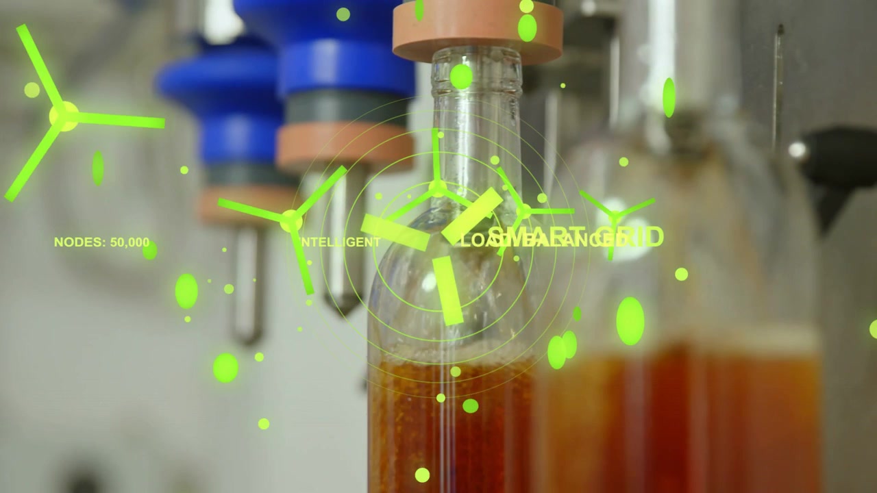 Green HUD overlays emerging from left rotating and centering over center bottle showing SMART GRID