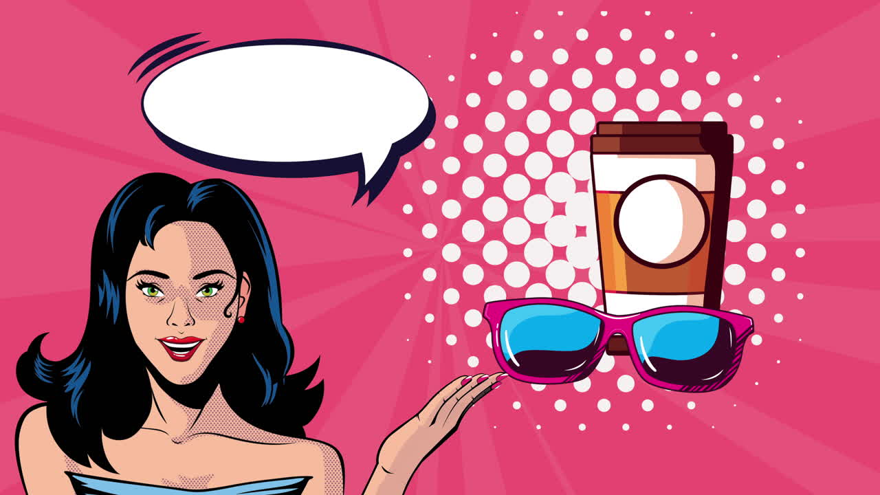 mujer de arte pop con café y gafas de sol
