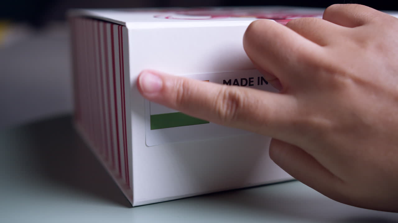 manos aplicando la etiqueta de la bandera hecha en la india en una caja de cartón de envío con productos