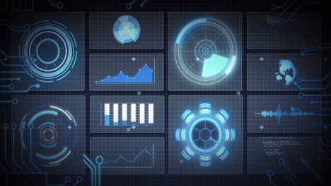 Animation-of-scope-scanning,-processor-elements-and-data-processing-on-screens-over-grid