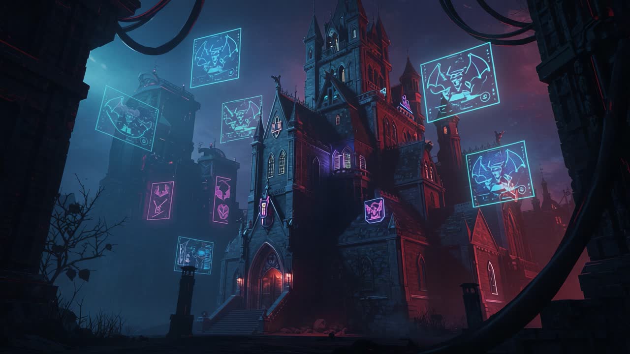 A Mysterious Gothic Castle Surrounded by Futuristic Neon Graphics, Creating an Enigmatic Atmosphere That Blends Dark Fantasy with Advanced Technology