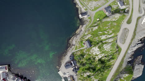 Top-down-shot-of-traditional-fishing-village-Hamnoy-in-Lofoten-on-a-sunny-summer-day