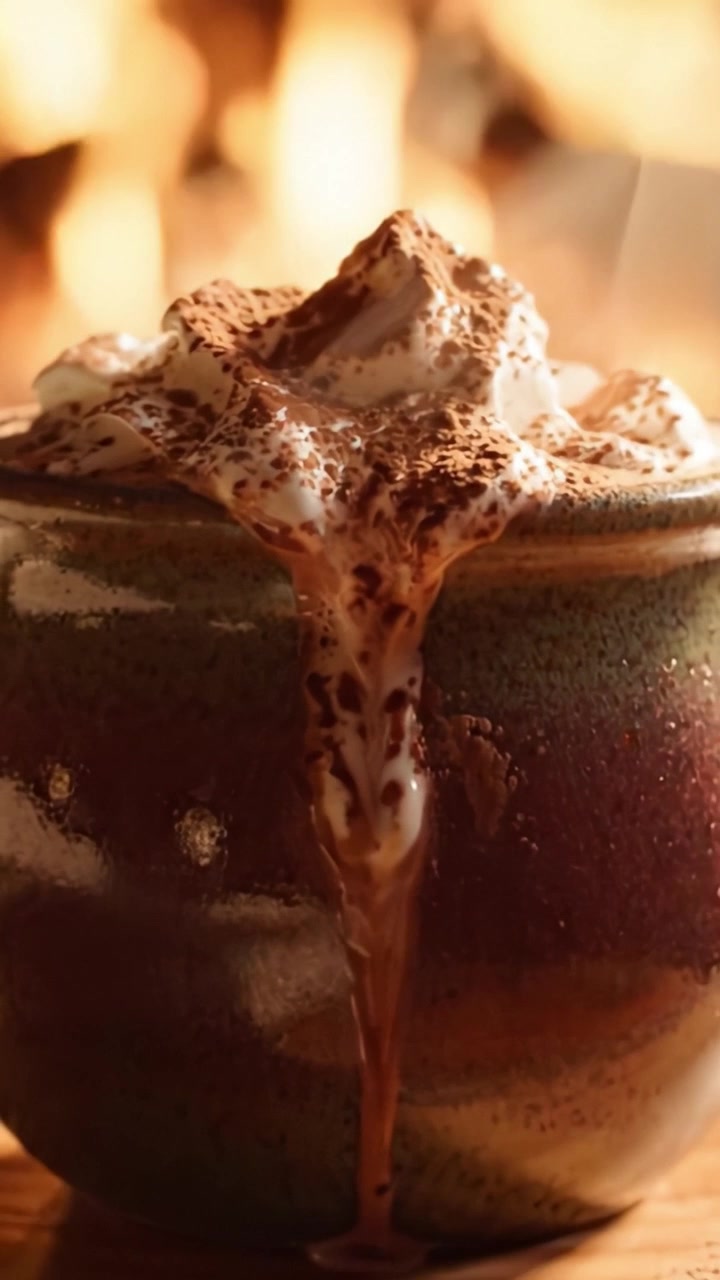 Deliziati con la ricchezza della cioccolata calda guarnita con panna montata cremosa e una spolverata di cacao in polvere, perfetta per accoglienti serate invernali accanto al fuoco.