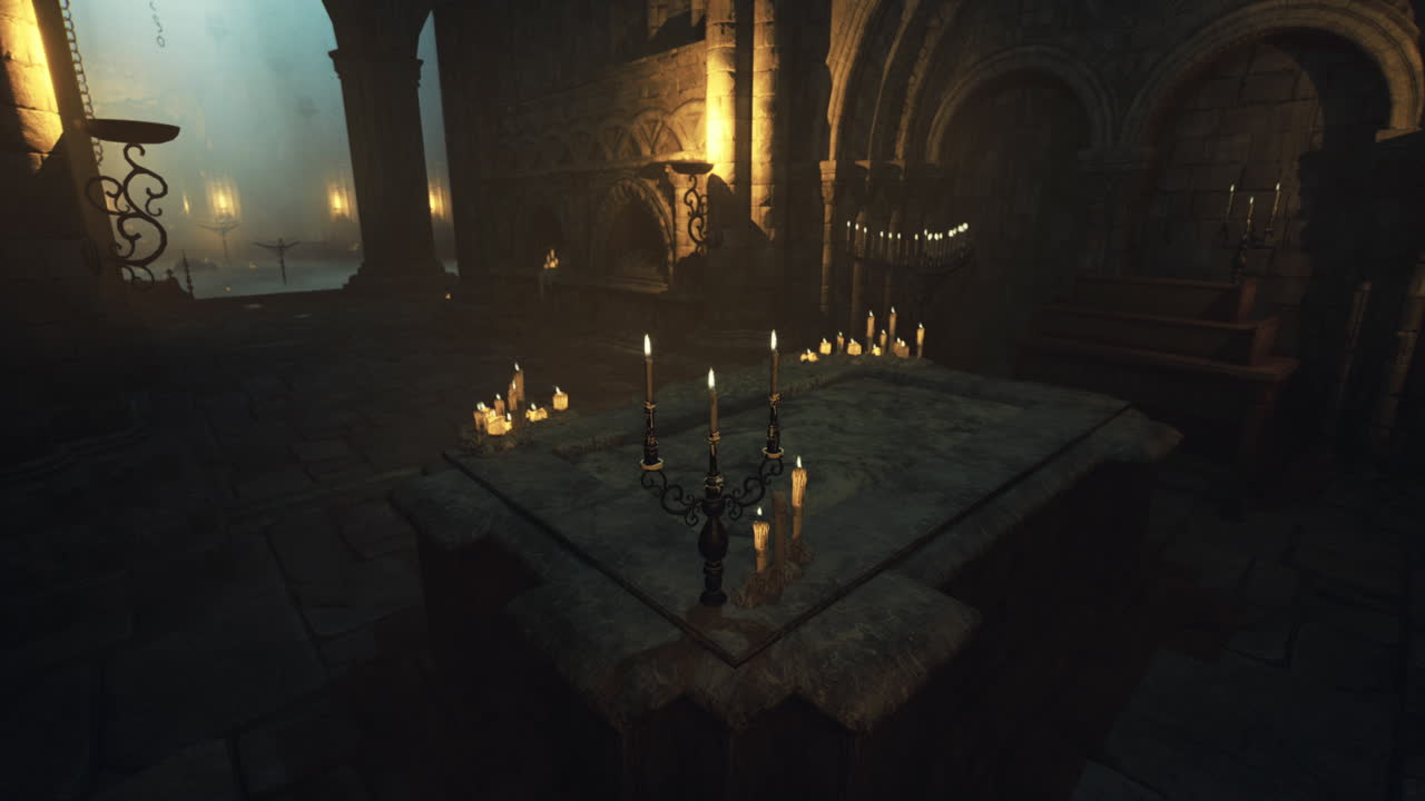 Candlelit altar within a mysterious ancient stone temple at night