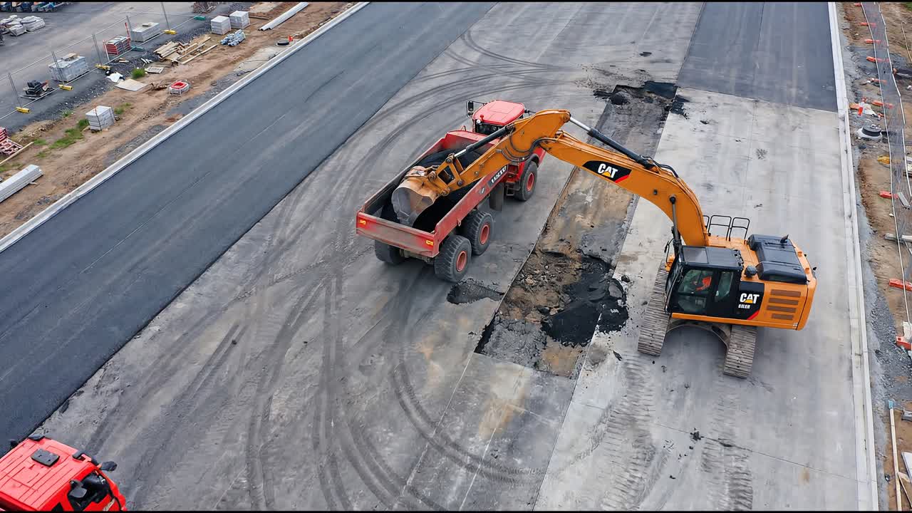道路工事中に、掘削機がアスファルトをダンプトラックに積み込んでいる空撮
