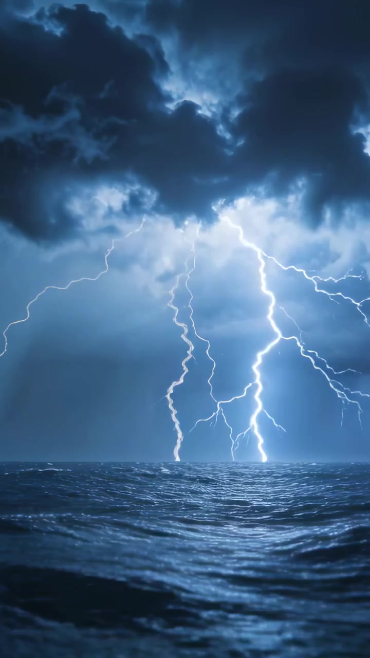Video verticale: Saette che si abbattono, ramificandosi e illuminando le onde del mare mentre la tempesta si intensifica.