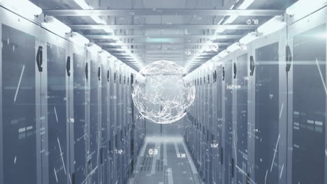 animation of data processing and globe over server room