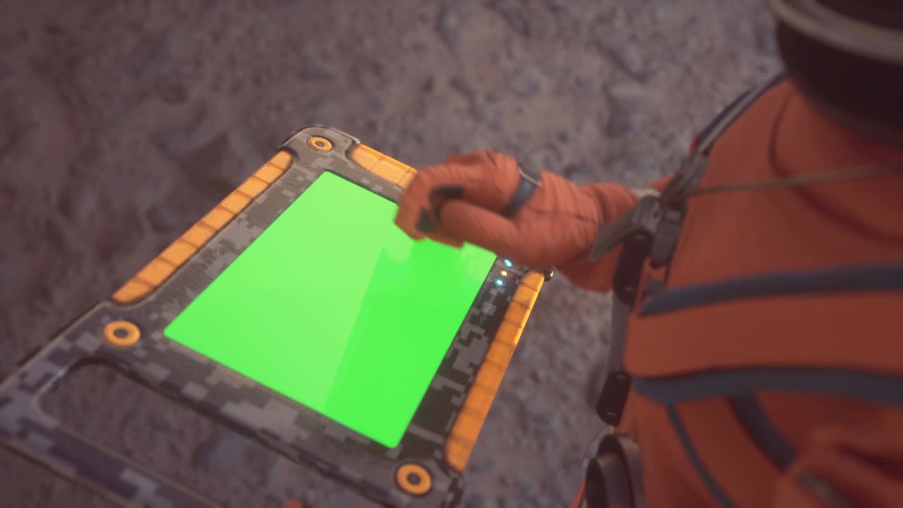 외계인, 탐사되지 않은 행성의 우주 비행사가 녹색 화면을 가진 태블릿 컴퓨터에서 일하고 있습니다. 애니메이션은 sf, 과학, 미래 또는 우주 여행을 위해 설계되었습니다.