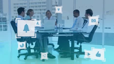animation of network of connections over business people in meeting room