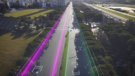 aerial flyover cars driving on digital modern highway in direction buenos aires city during sunset - tracking shot of vehicles on avenue with glowing lines for communication - 4k future concept