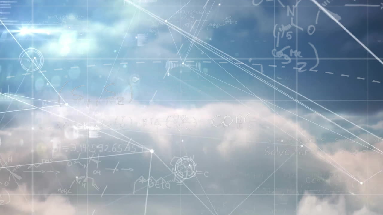 Animation of mathematical equations and diagrams overlaying clouds in blue sky