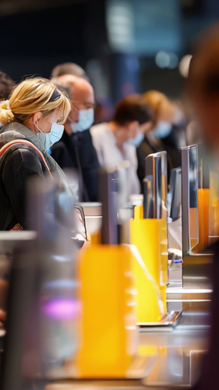 Crowded Terminal Check-In Area with Passengers Wearing Masks and Engaging with Self-Service Kiosks Amidst a Modern Airport Environment