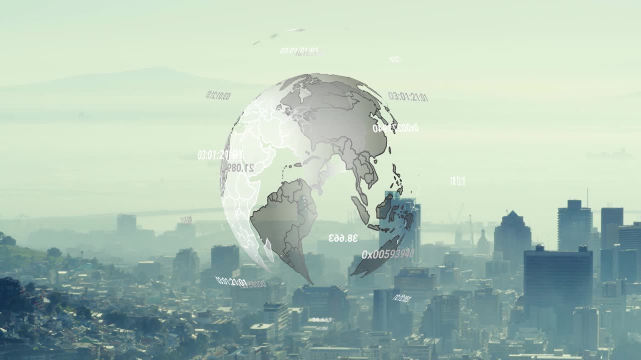 Data ping starting 3D globe rotating, revealing maps, orbiting data and showing city network