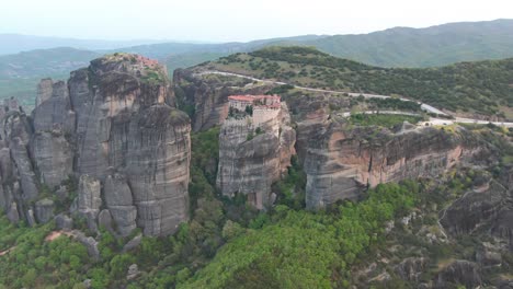 aerial approaching meteora monasteries in thessaly, greece.