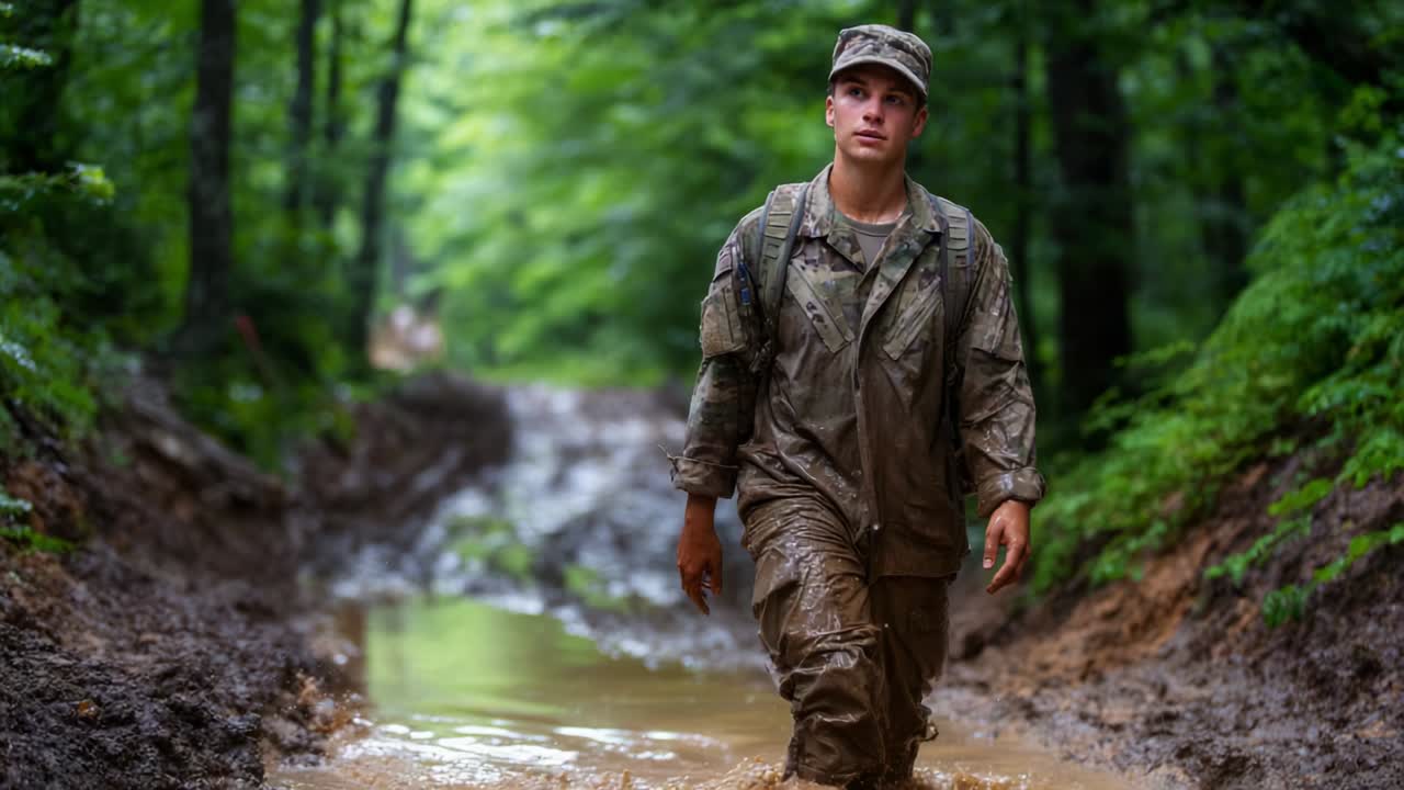 A determined soldier trudges through a muddy path in a dense forest, showcasing resilience and focus amidst challenging outdoor conditions that test endurance and mental strength