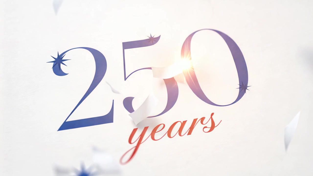 Confetti che cadono, stelle che celebrano su un set di carta con numeri blu 250 e anni rossi, il tutto con un bagliore.
