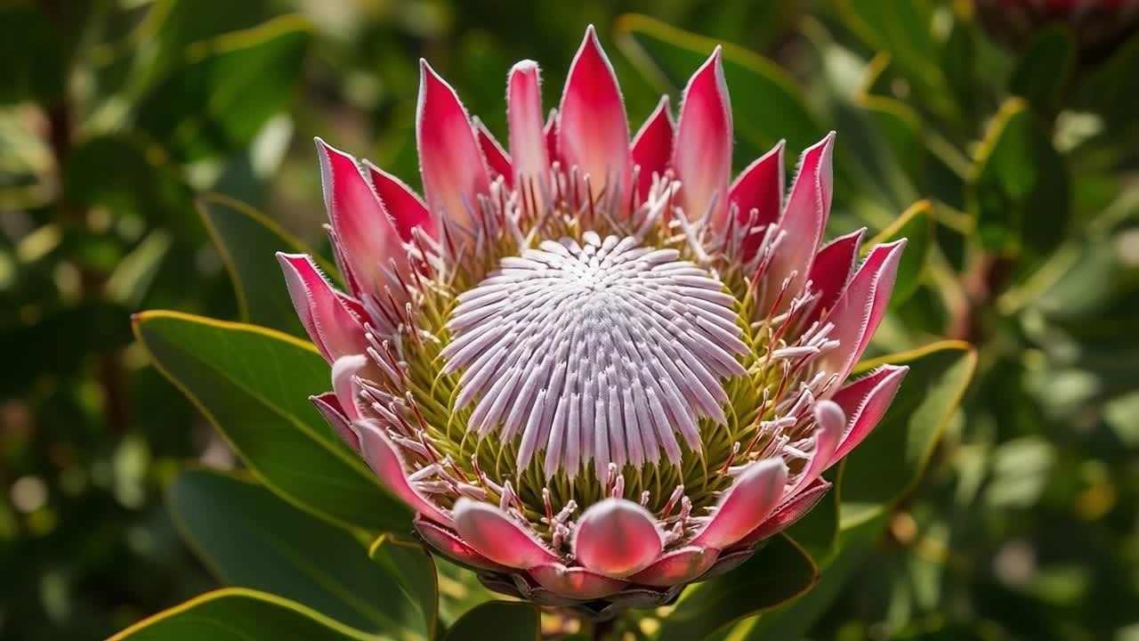 A Stunning Close-Up of a Blooming Protea Flower, Showcasing its Vibrant Pink Petals and Intricate Central Structure Against a Lush Green Background