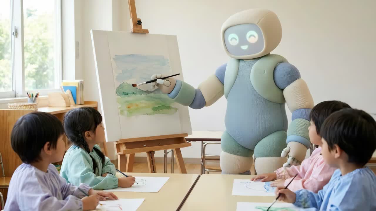 Robot enseñando arte a niños en un aula