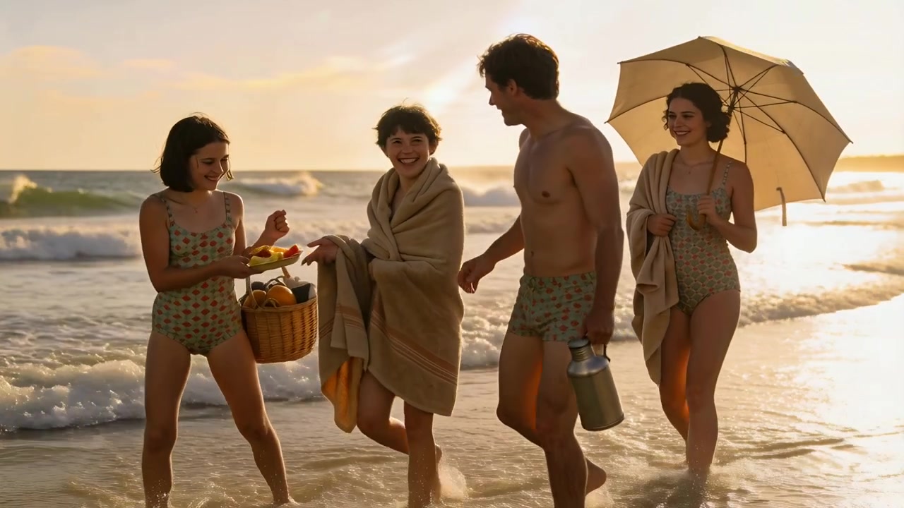 Quattro amici in costumi da bagno a fantasia che camminano in spiaggia, un uomo si allunga per condividere uno spuntino da un cestino.