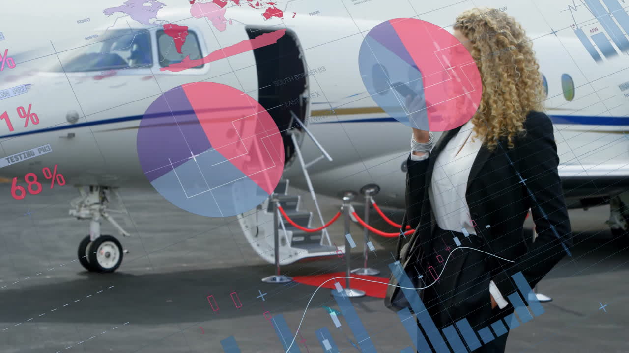 Businesswoman talking on phone with data analytics animation over private jet