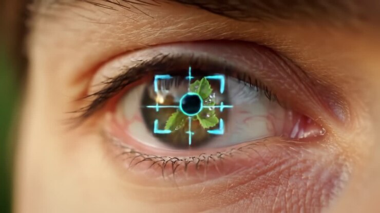 Esplorare l'affascinante intersezione tra tecnologia e natura: una vista ravvicinata di un occhio con una sovrapposizione di un mirino digitale che si concentra su elementi naturali