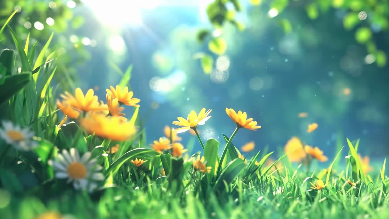 Low-angle video of vibrant daisies in a sunlit meadow, creating a serene, dreamy atmosphere